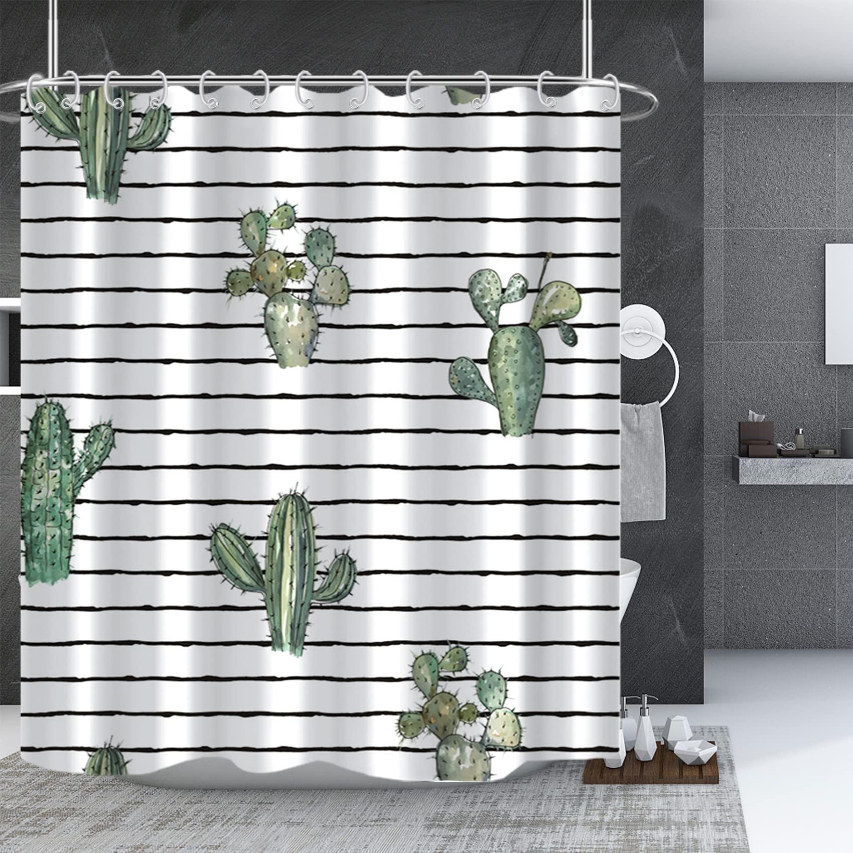 Bovlleetd 183x183cm Cartoon Cactus Shower Curtain, Desert Plant Shower Curtains Waterproof Bath Curtain Set with Hooks Quick Dry Bathtub Curtains — image 1