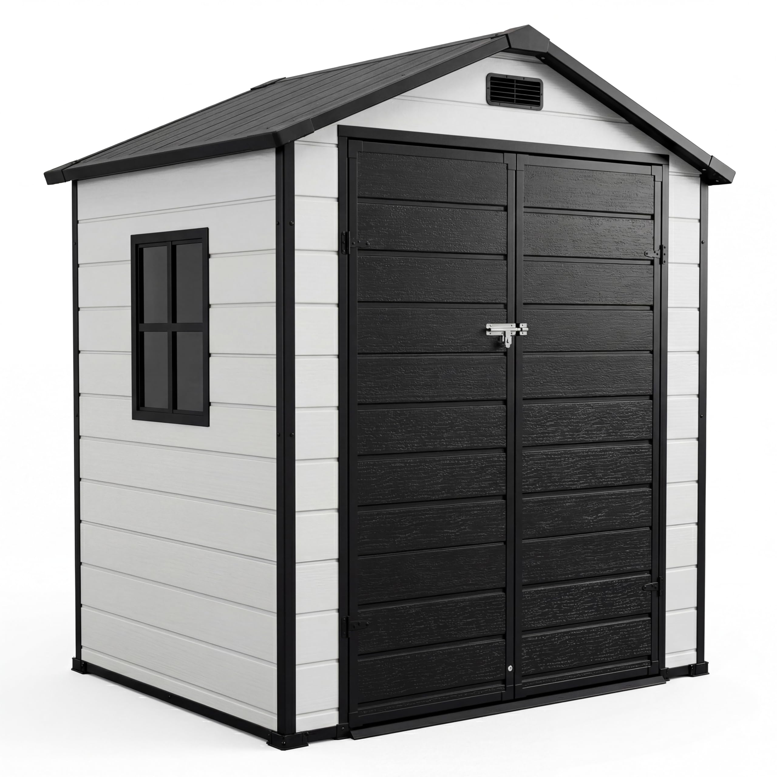 Photo 1 of ***PARTIAL SET (BOX B)***
6x4 FT Outdoor Storage Shed with Floor, Plastic Resin Garden Shed with Window & Sloping Roof & Lockable Door for Patio Backyard Garden, Lawn Mower, Bike, Tool Storage