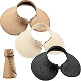 3 Pieces Women Foldable Straw Sun Visor Wide Brim Roll up Beach Hat with Bowtie Multicoloured