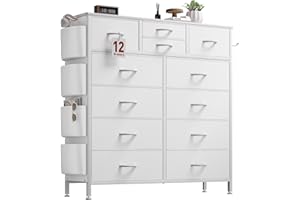 YaFiti Dresser for Bedroom with 12 Drawers, Chest of Drawers with Side Pockets and Hooks, PU Fabric Dresser Drawers for Living Room, Hallway, Entryway (White)