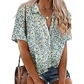 IN'VOLAND Womens Plus Size Linen Button Down Shirts Short Sleeve Cotton Casual Collared Shirt V Neck Summer Blouses Tops