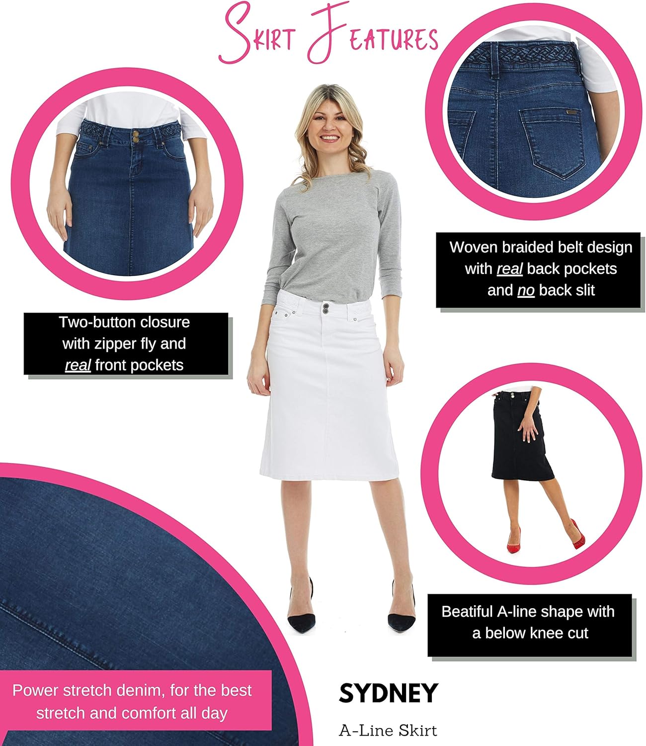 white denim skirt below the knee