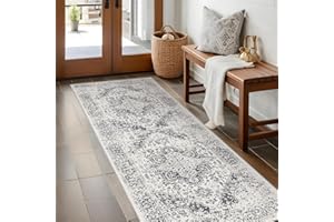 EISUROM Hallway 2x5 Runner Rug - Vintage Non-Slip Long Rugs for Entryway Low-Pile Washable Medallion Runner Rugs for Hallway Waterproof Traditional Runner Rugs Indoor Thin Rug for Kitchen (Grey)