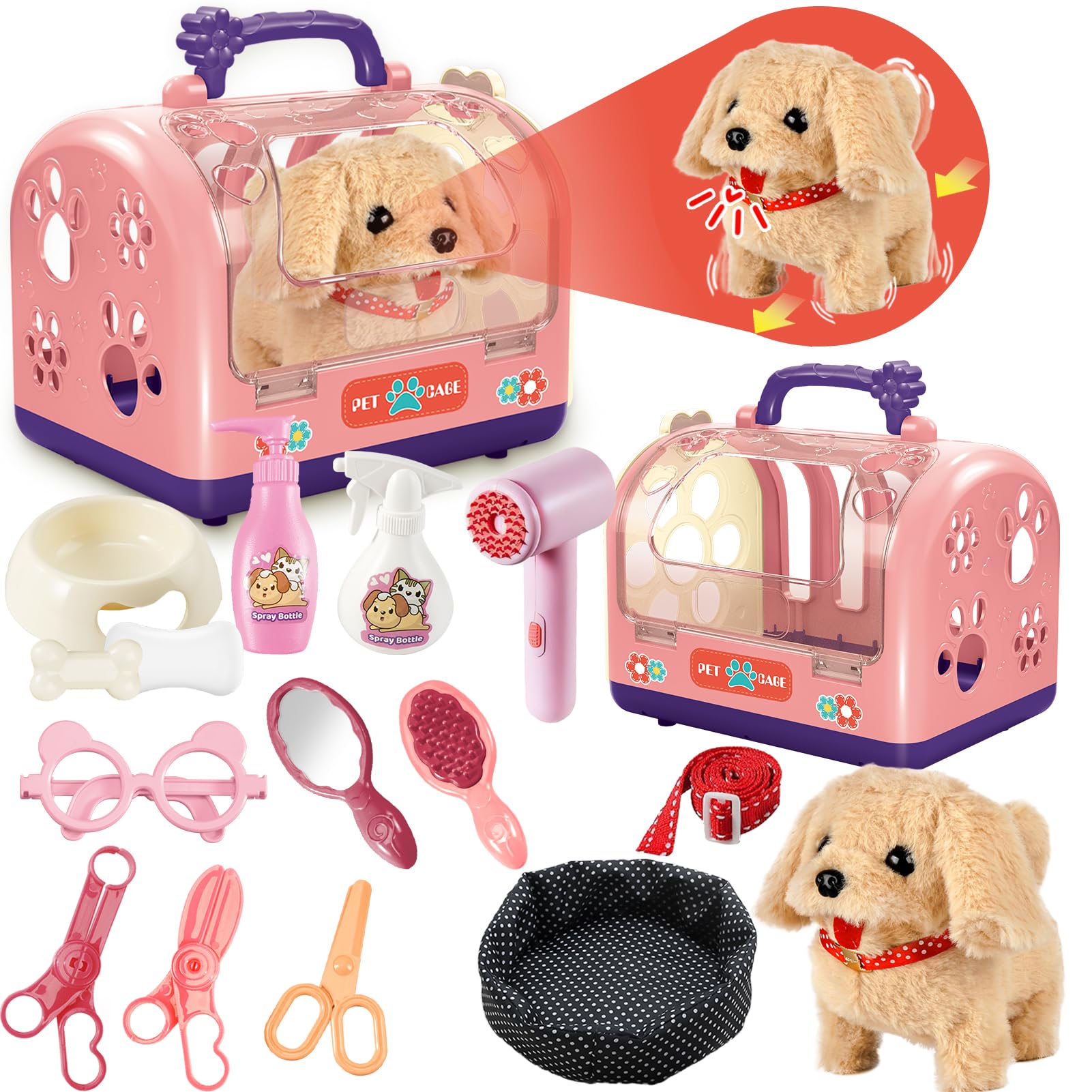 Photo 1 of ***USED***STAY GENT Stuffed Dog Robot Toy for Kids, 16Pcs Interactive Pet Care Toys with Pet Cage & Walking Dog Toy with Leash, Electronic Dog Grooming Toys Pretend Play Gifts for Girls 3 4 5 6 Years Old