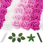 Vignor 100 Pcs 3 Inch Artificial Flowers Bulk 5 in 1 Set Faux Foam Fake Rose Head Wedding Decoration Bridal Shower Centerpiece Arrangement Wall Table Decor DIY Craft (4 Shades of Pink White)