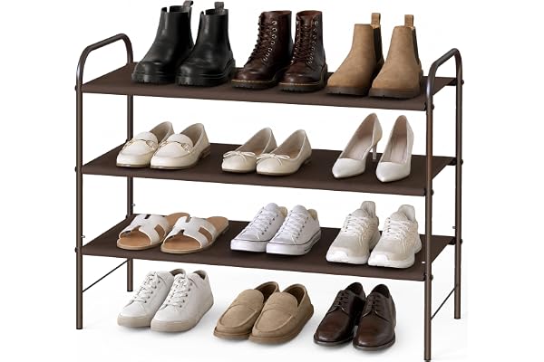 Simple Houseware 3-Tier Shoe Rack Storage Organizer, 9-16 Pairs, Bronze | Space-Saving Shoe Shelf with Sturdy Metal Frame and