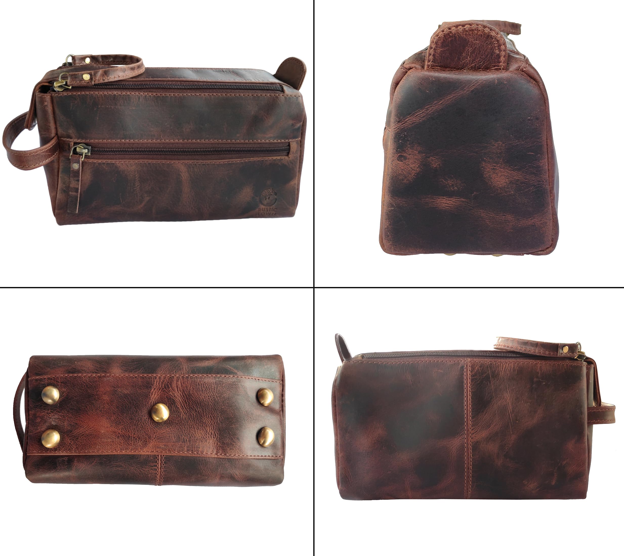 RUSTIC TOWN Buffalo Leather Toiletry Bag : Vintage Travel Shaving & Ditty Kit : for Toiletries, Cosmetics & More : Spacious Interior & Waterproof Lining : Compact, Fits Easily in Luggage