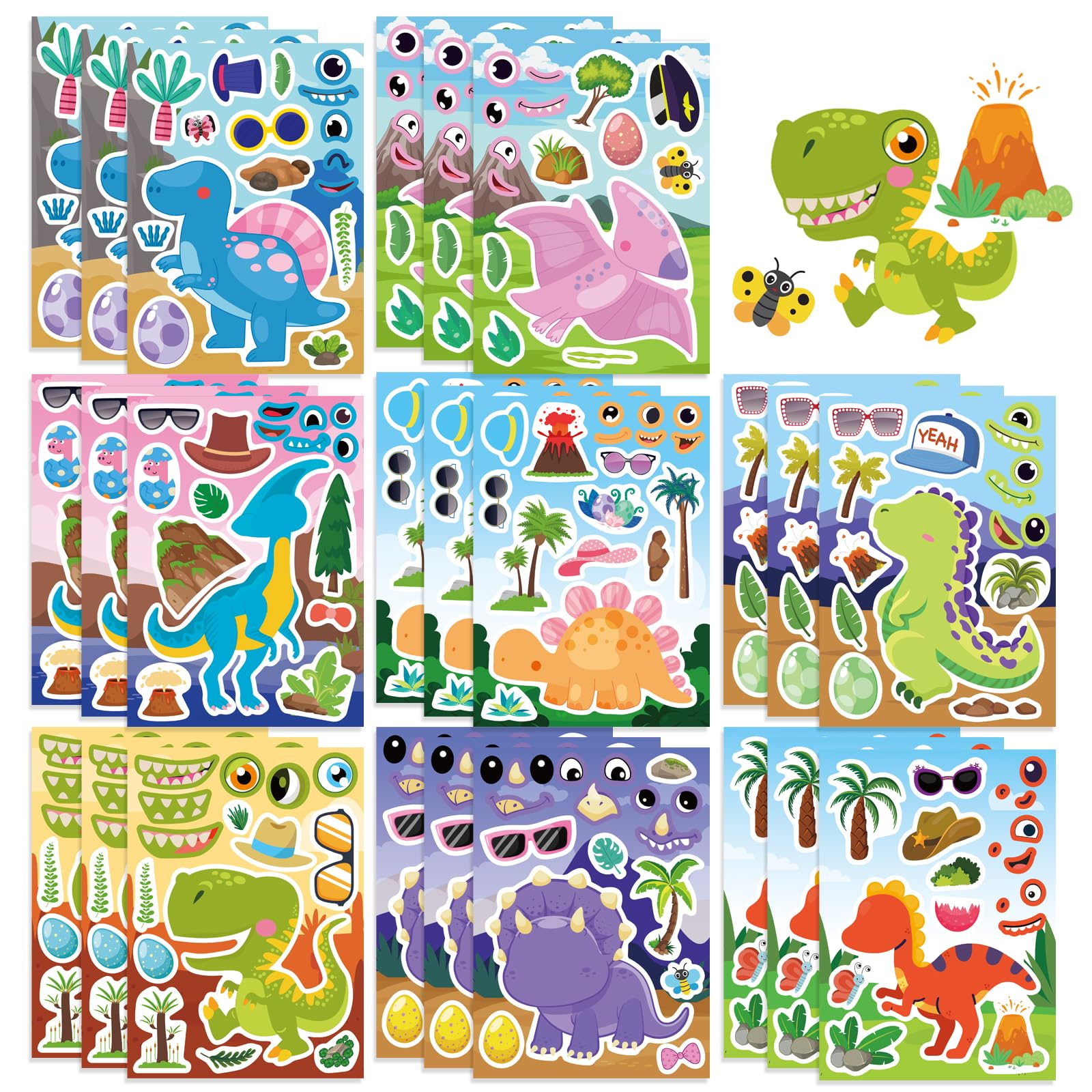 24 Sheets Dinosaur Sticker for Kids, Make Your Own Dinosaur Sticker Sheets Boy Girl Toddlers, Party Favors Supplies Art Craft, Birthday Gift, Teacher Classroom Reward