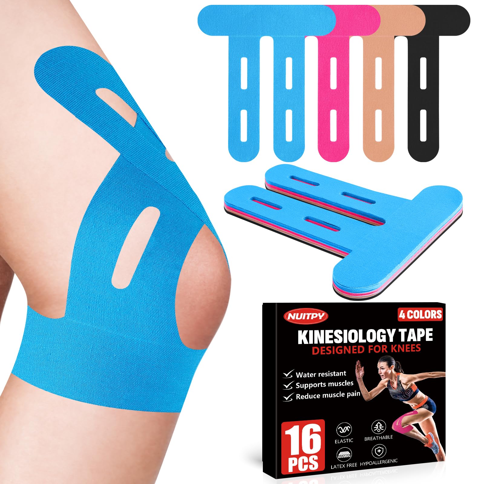 Photo 1 of 16 PCS Kinesiology Tape for Knees, 4 Colors Knee Support Tape, Precut Knee Tape for Knee Stability, Athletic Tape, Kinetic Tape for Knee