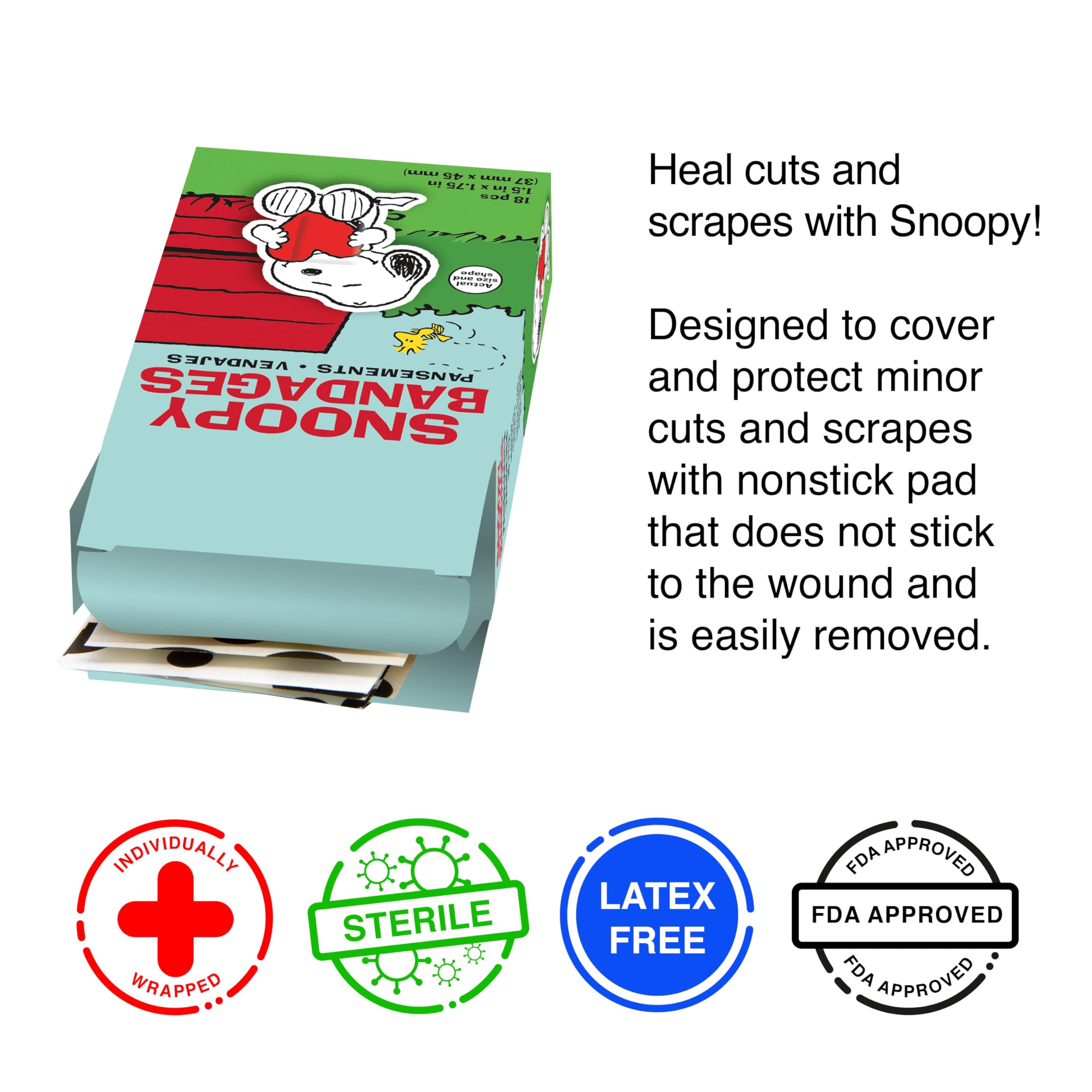 GAMAGO Peanuts Snoopy Adhesive Bandages - Set of 18 Individually Wrapped Self Adhesive Bandages - Sterile, Latex-Free & Easily Removable - Funny Gift & First Aid Addition