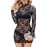 Avidlove Womens Sheer Lace Dress Sexy Long Sleeve Dress See Through Lingerie Short Mini Dresses for Party (No Linling)