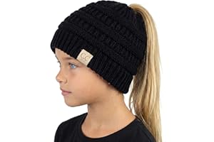Funky Junque Toddler Girl Ponytail Beanie – Girls Winter Hat, Messy Bun Pony Tail Beanies Ages 2–7, Warm Knit Cap Stretch Fit