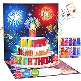 Mozmmhi DIY Age Birthday Cards Gift, 3D Pop Up Music Fireworks Happy Birthday Cards with Blowable Birthday Cake, LED Lights Greeting Cards for Women Men Mom Kids