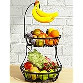 2-Tier Fruit Basket Bowl Stackable Vegetable Storage with Banana Tree Hanger Stand for Kitchen Countertop, Metal Wire Basket for Bread Onions Potatoes Black