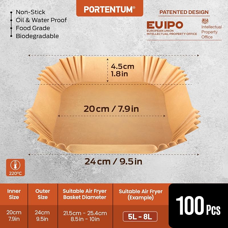 Papel freidora aire 100 unidades de 20-24 cm Cuadrado. Para Air Fryer, Grado alimenticio con triple certificación BPA free, FDA y LFGB