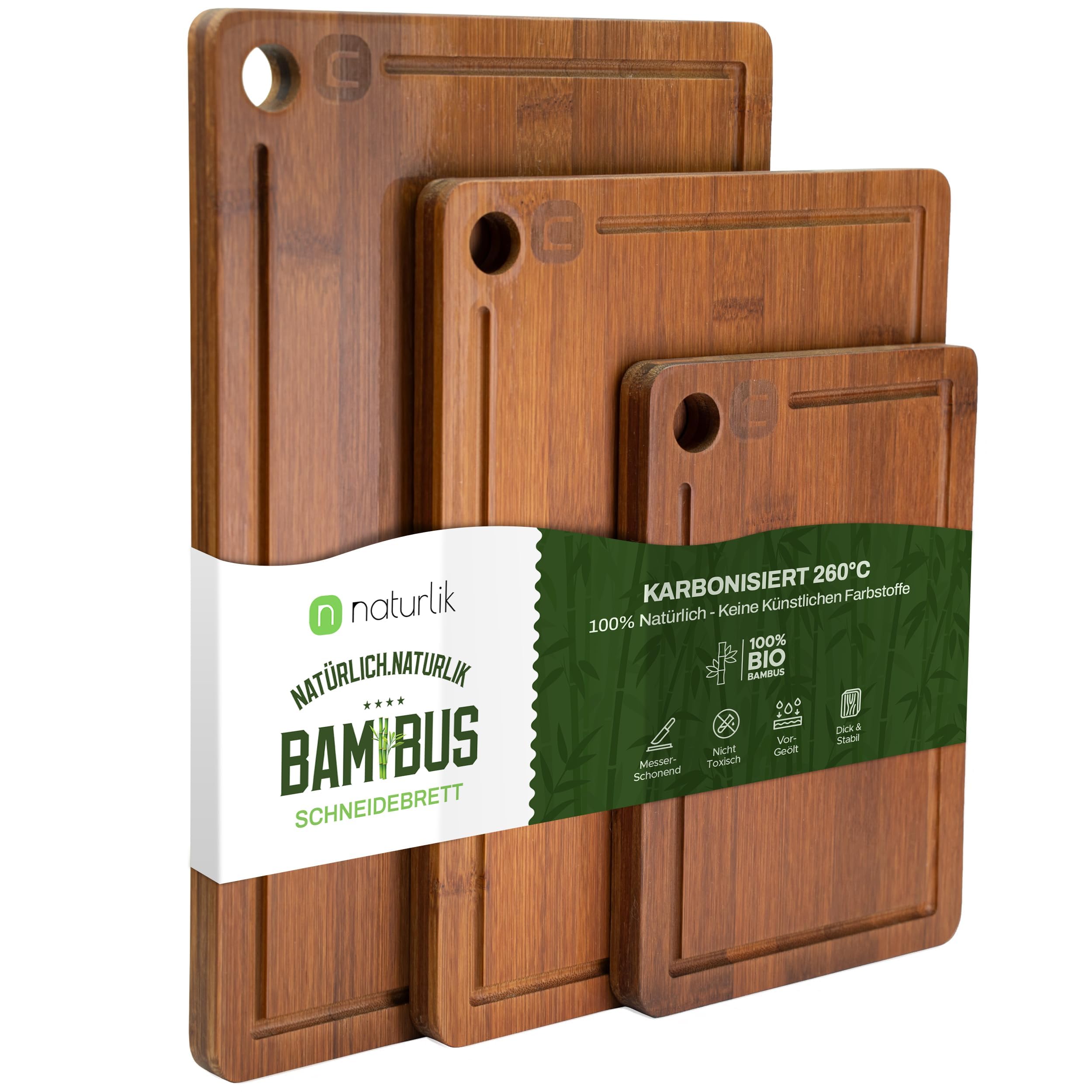 naturlik Schneidebrett Set 3er Karbonisiert - Bambus Schneidebrett Dunkel mit Saftrille - Nachhaltiges Küchenbrett Holz für Fleisch, Gemüse, Käse & Brot - Servierbrett Messerschonend Vorgeölt