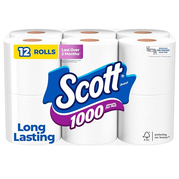 SCOTT 1000 SHEETS PER ROLL, 12 TOILET PAPER ROLLS, BATH TISSUE