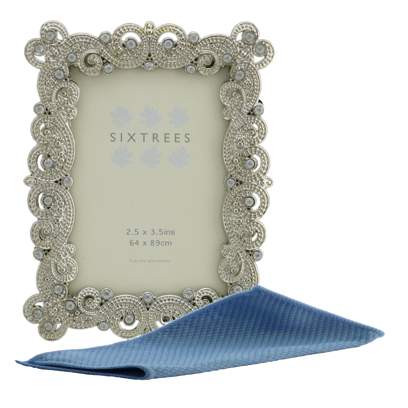 Sixtrees Antique Vintage and Shabby Chic Style silver metal photo frame with beads and crystals for a 3.5" x 2.5" (64 x 89mm) picture - Matilda Complete with Microfibre cleaning cloth.