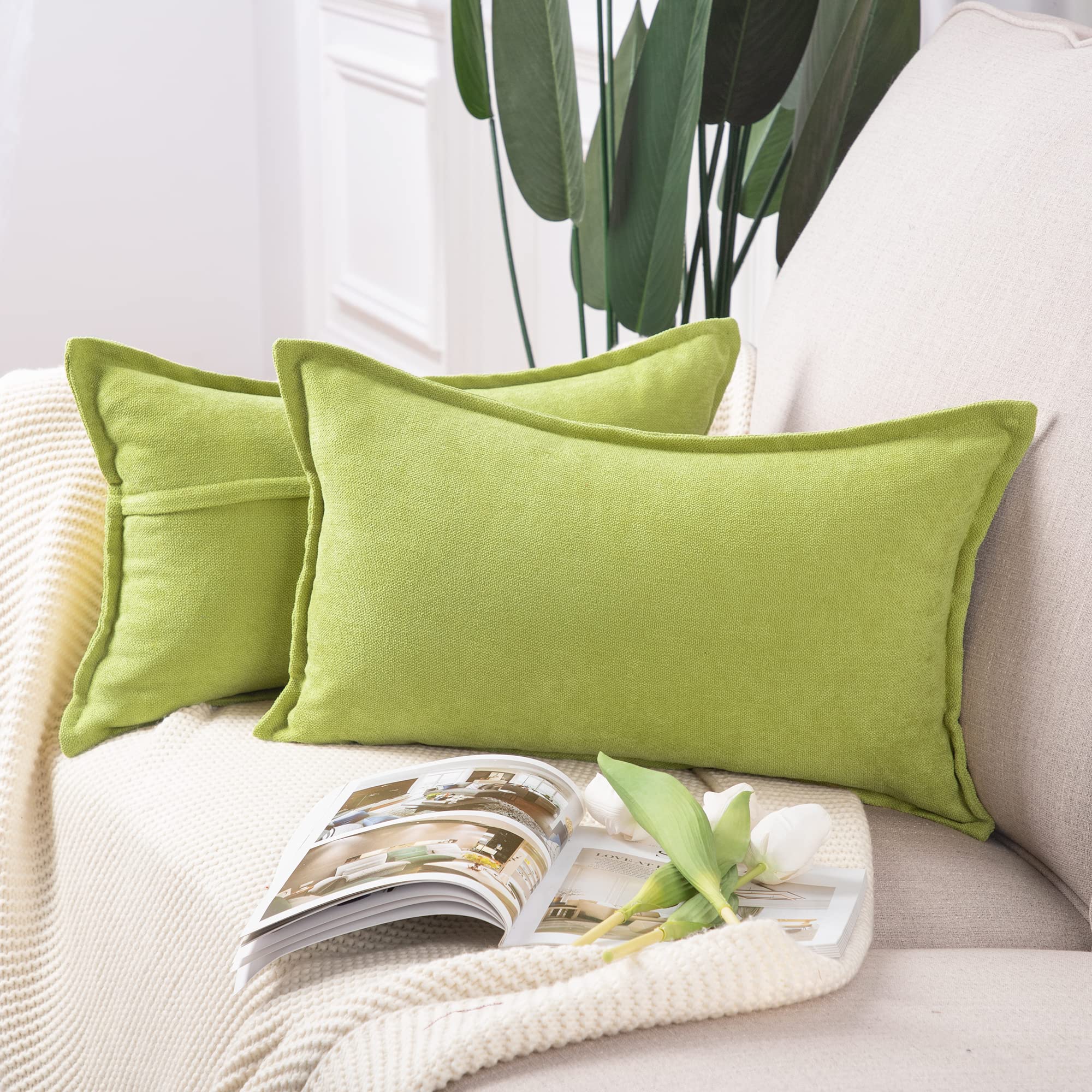 Photo 1 of MADIZZ Set of 2 Short Chenille Throw Pillow Covers 12x20 Inch Green Soft Decorative Cushion Cover for Sofa Bedroom Pillow Shell