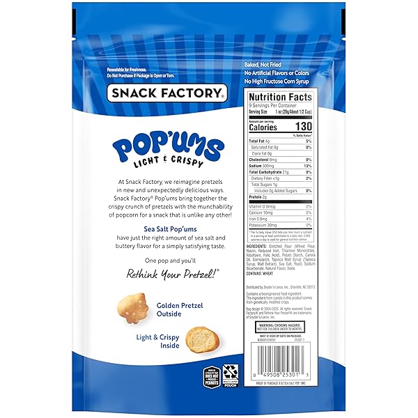 SNACK FACTORY POP’UMS SEA SALT PRETZEL SNACKS, 9 OZ BAG
