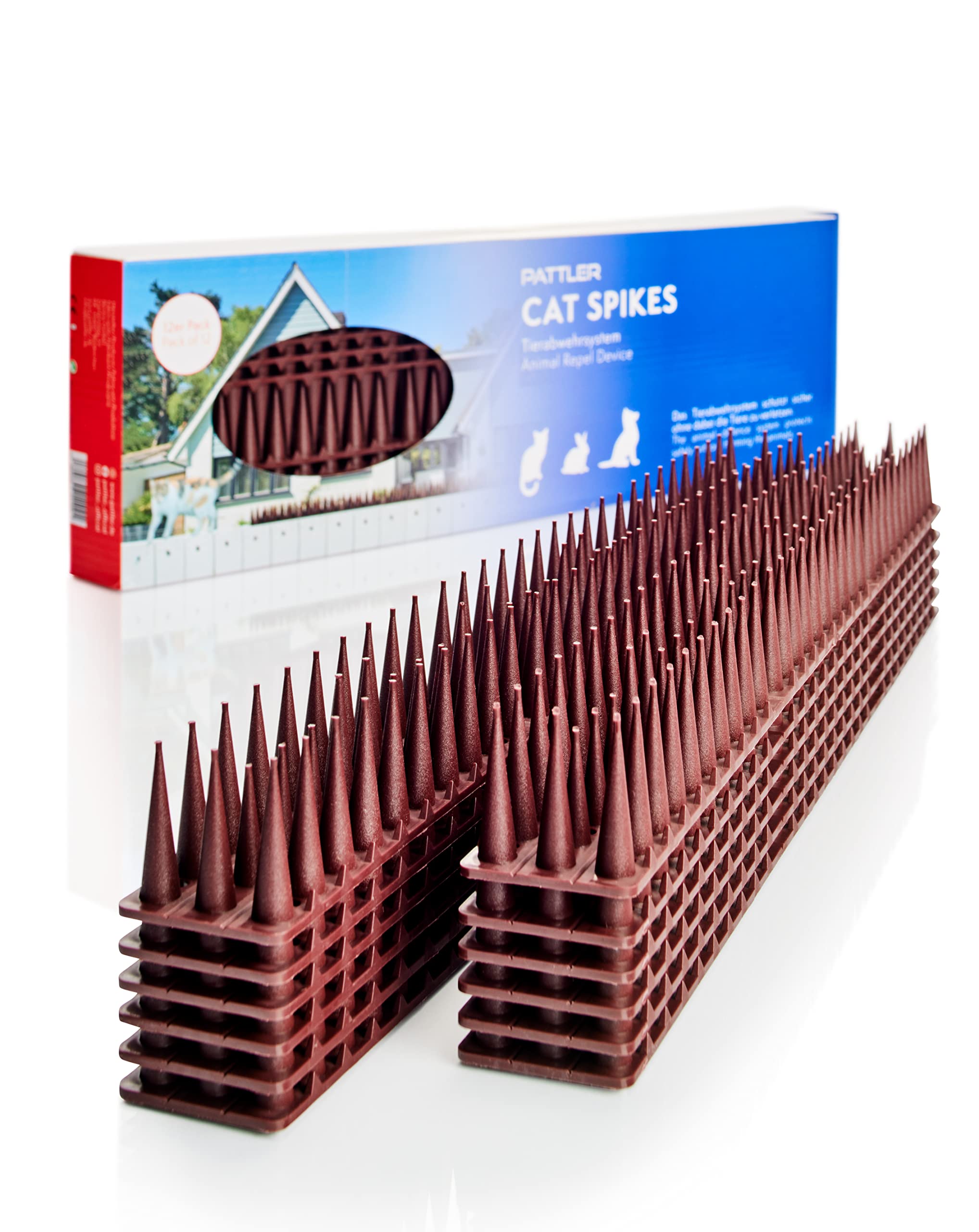 PATTLER® - 12 pieces, 3 rows, brown, bird repellent made of robust plastic, balcony, roof, windowsill, fence, cat repellent and pigeon deterrent, easy installation of pigeon repellent spikes