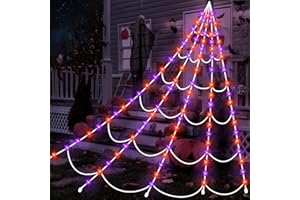 ZIVILIC Halloween Spider Web Lights 150 LED Lighted Spider Web Giant 16.4 Ft Halloween Decorations Light up with 8 Lighting Modes Waterproof & Timer Outdoor Indoor Yard Haunted House Decor, Purple & Orange