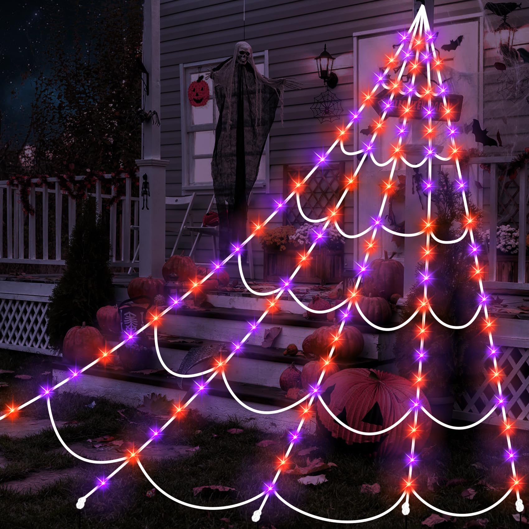 Photo 1 of Halloween Spider Web Lights 150 LED Lighted Spider Web Giant 16.4 Ft Halloween Decorations Light up with 8 Lighting Modes Waterproof & Timer Outdoor Indoor Yard Haunted House Decor, Purple & Orange