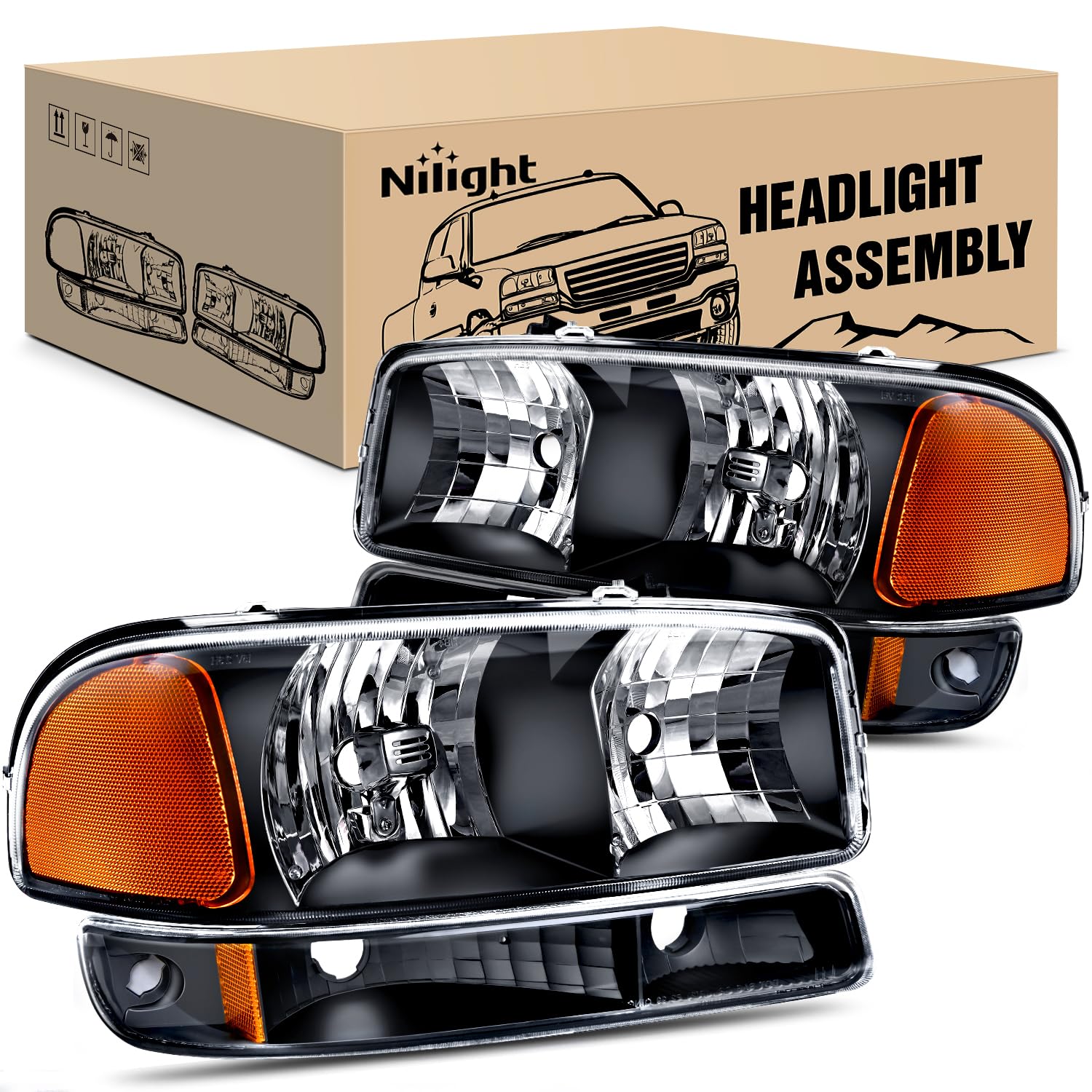Photo 1 of ***UNSURE EXACT MODEL INACCURATE*** Nilight Headlight Assembly Compatible for 1999 2000 2001 2002 2003 2004 2005 2006 GMC Sierra Yukon, Black Housing Amber Corner Clear Lens, Headlights Assembly Replacement
