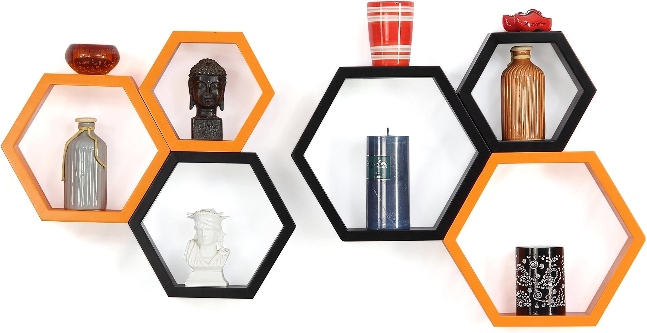 Forzza Sasha Wall Shelf, Set of 6 (Lacquer Finish, Black and Orange)
