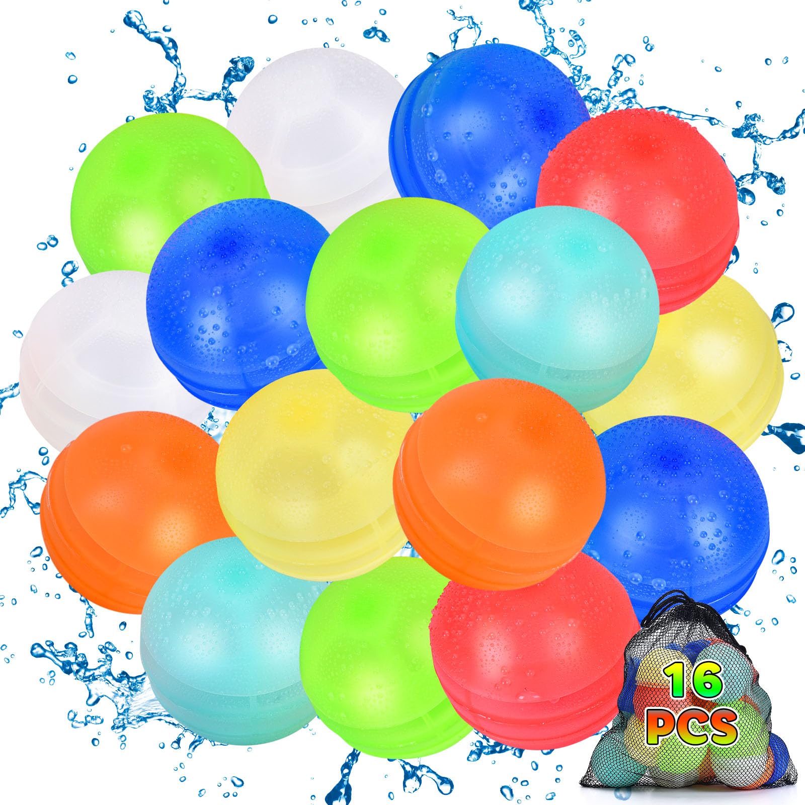Photo 1 of 16PCS Reusable Water Balloons, Latex-Free Silicone Water Splash Balls for Kids and Adults, Self-Sealing Refillable Water Bombs Toy with Mesh Bag for Summer Outdoor Party Activities