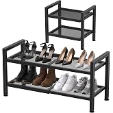 Expandable Shoe Rack for Closet, Entryway, 2-Tier Shoe Storage, Black | 17"-30" Adjustable Shoe Organizer for Closet, Space-Saving Shoe Shelf, Dense Mesh Shelves for Heels, Sturdy Metal