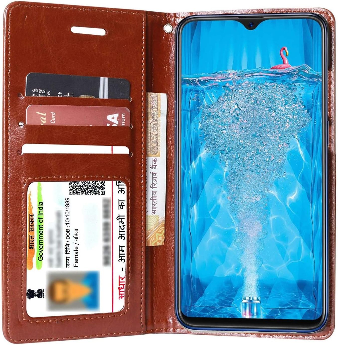 For Oppo F9 Pro - Unistuff® Impact Resistant Wallet Folio Flip Cover with [1 ID Card Slot][1 Cash/Bills slot][2 Debit/Credit Card slot] for Oppo F9 Pro (Executive Brown, Artificial Leather, 360* Protection, 63752)