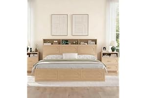 HARPAQ 3 Pieces Bedroom Set, King Size Wood Platform Bed Frame and 2 Nightstands, Storage Headboard and Nightstand with Charging Station, Solid Wood Slats Support, No Box Spring Needed, Natural Oak