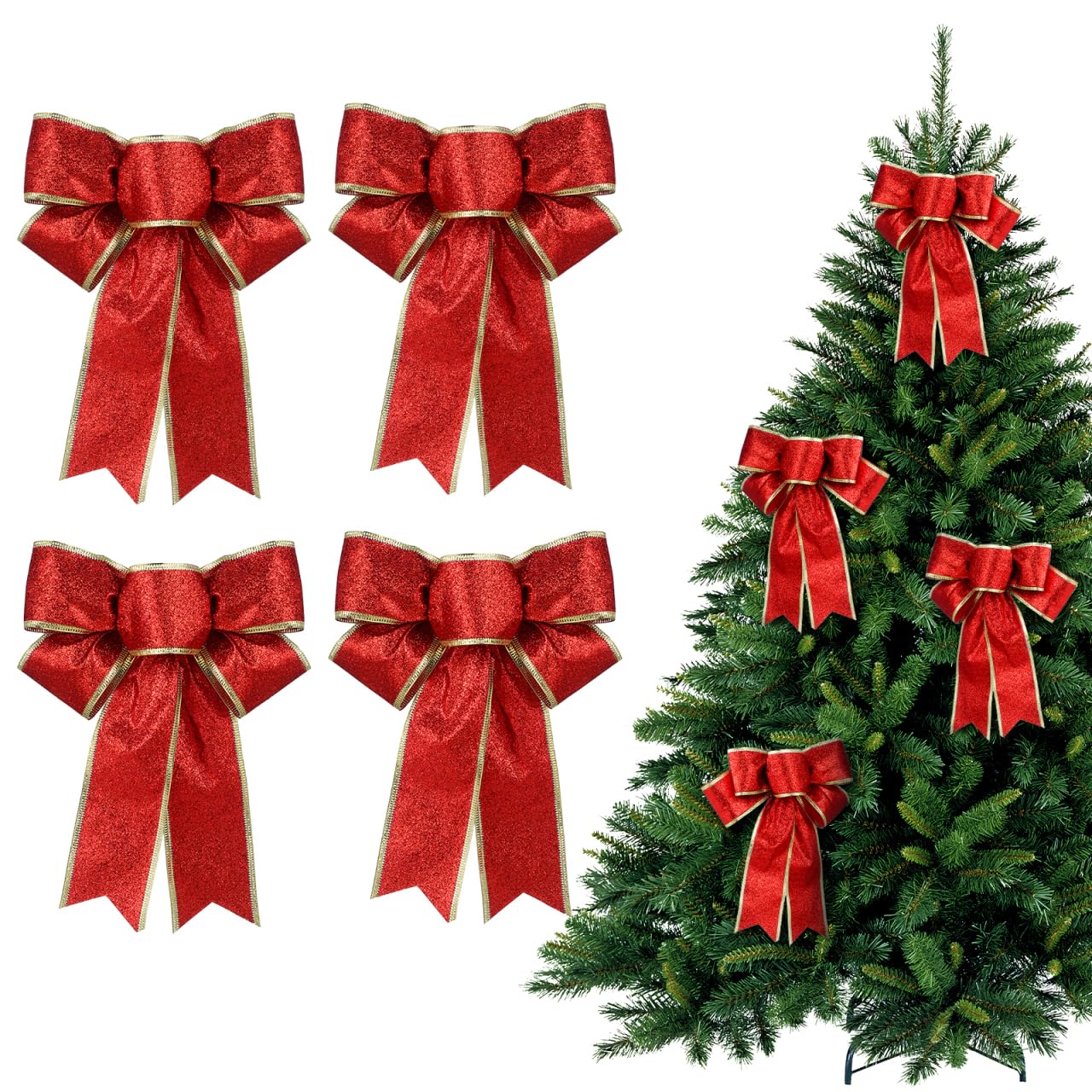Large Christmas Tree Bows Glitter Glittering Fabric Gold Ribbon Tree Decorations Presents Kids 5pcs/Pack (Red)