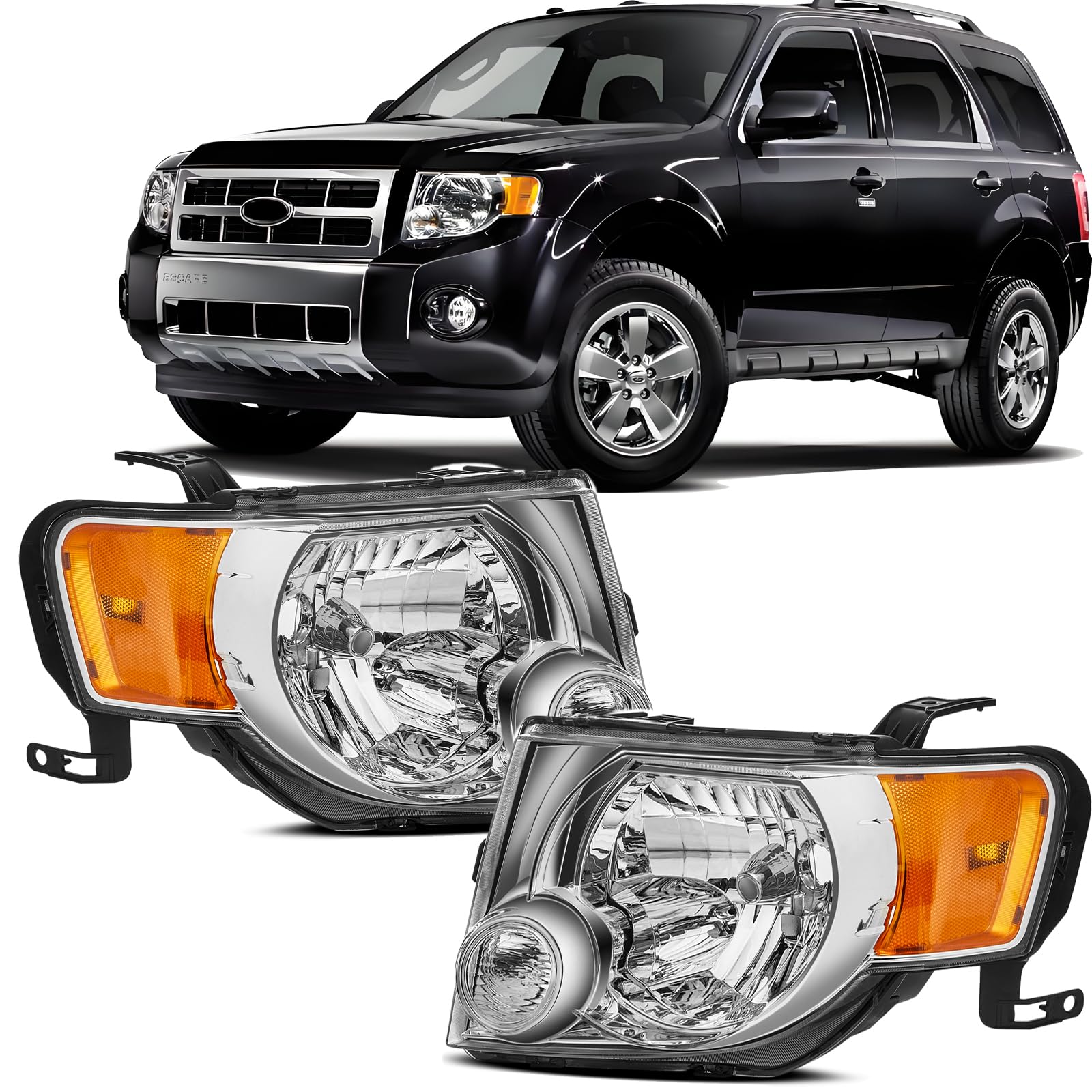 Photo 1 of *USED*
Headlights Assembly compatible with 2008 2009 2010 2011 2012 Ford Escape Headlamp, Chrome Housing Amber Reflector Clear Lens