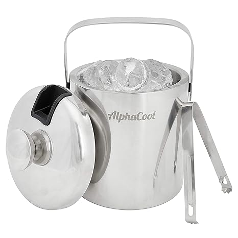 Eiseimer mit Deckel und Zange Edelstahl | AlphaCool 1,3l Eiswürfelbehälter | Eisbehälter mit besonders Langer Kühlung