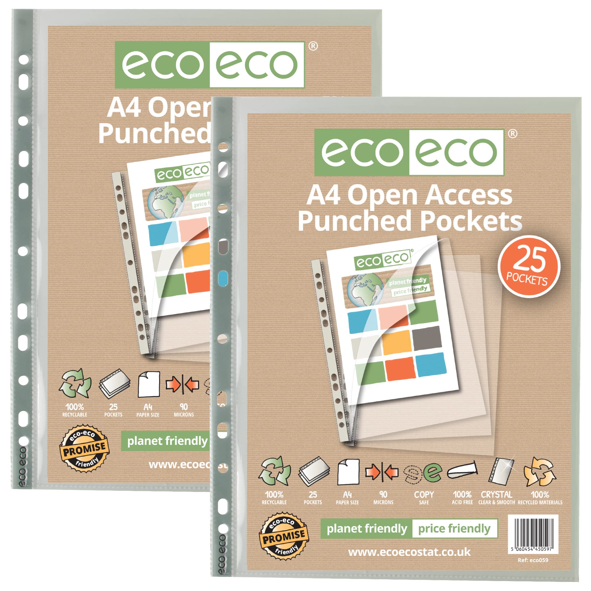 eco-eco A4 100% Recycled Premier Multi Punched Pockets Glass Clear, Open Top and Side, Transparent Poly Wallet Sheet Protector, 90 Microns (Pack of 50), eco059x2, Grey