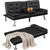 Homall Black Faux Leather Futon Sofa Bed, Loveseat with Adjustable Backrest | Futon Couch with Removable Armrests, Recliner Sleeper Sofa Bed with Dual Cup Holders for Living Room, Apartment, Office|Black