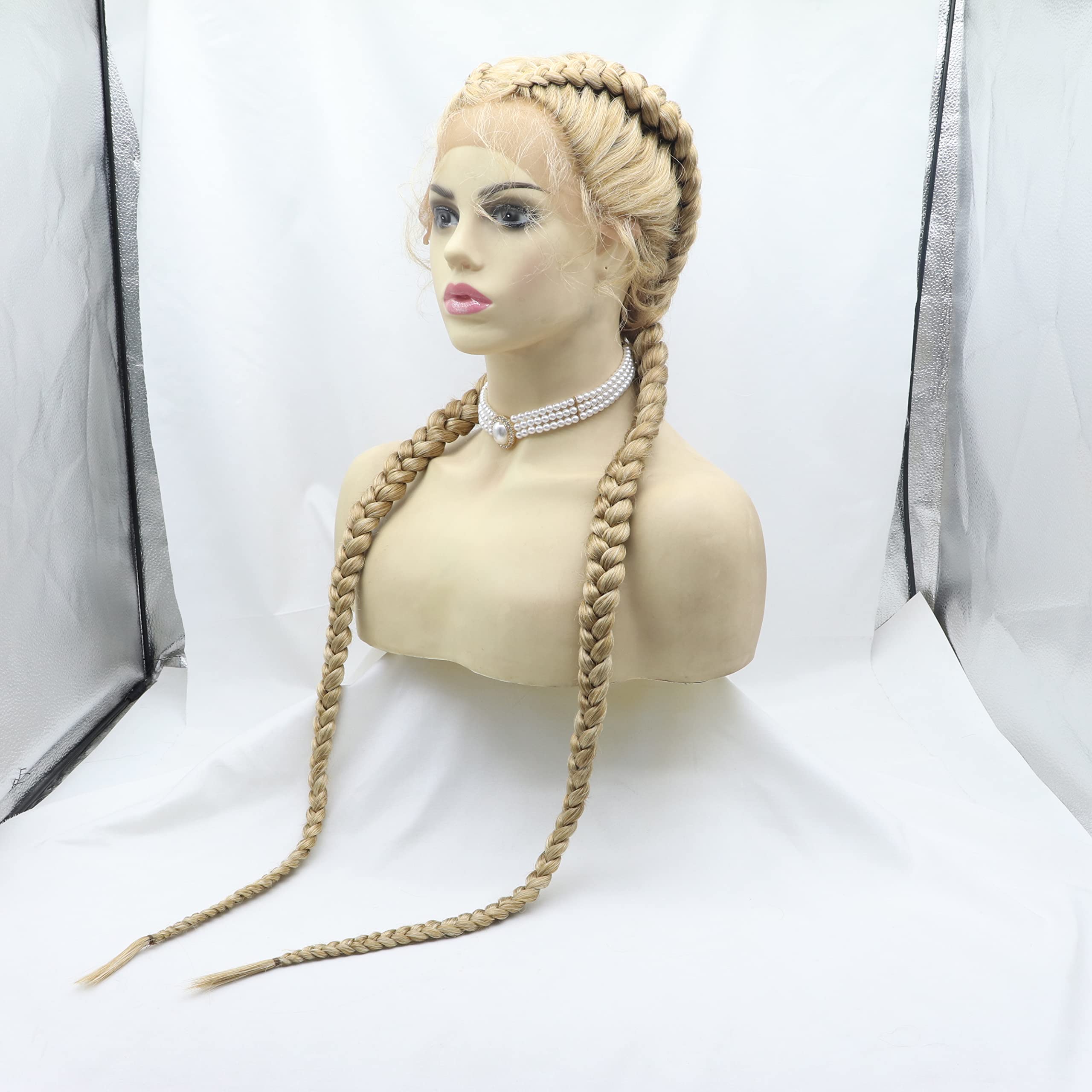 xiweiya 32” Double Braids Mixed Blonde Lace Front Braids Extra Long 100% Hand Braided Swiss Twins Blonde Braided Wigs with Baby Hair Lightweight Synthetic Twist Braids Wig — image 1