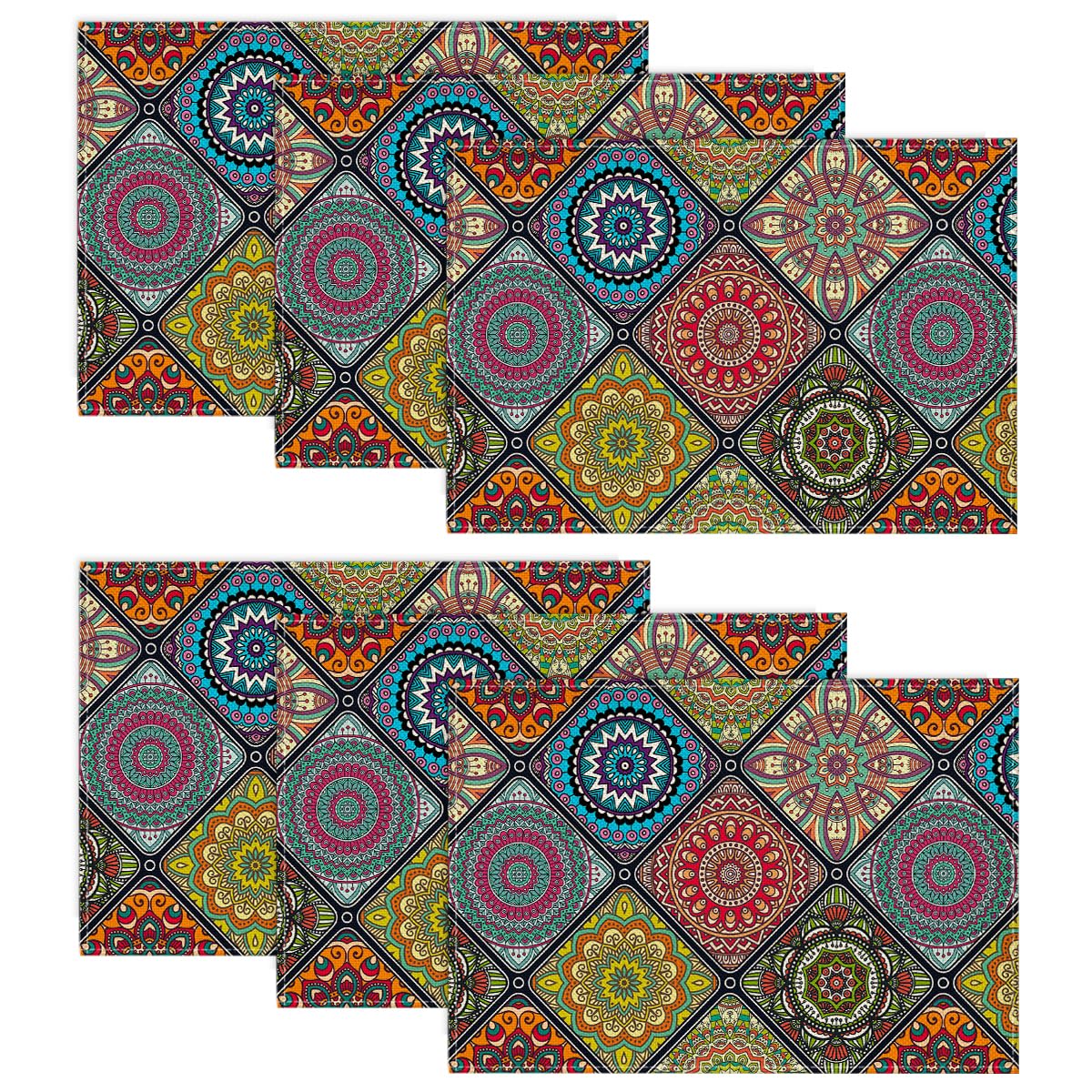 Artoid Mode Boho Vintage Geometric Moroccan Colourful Mandala Placemats Set of 6, 30x45 cm Table Mats for Party Kitchen Dining Decoration