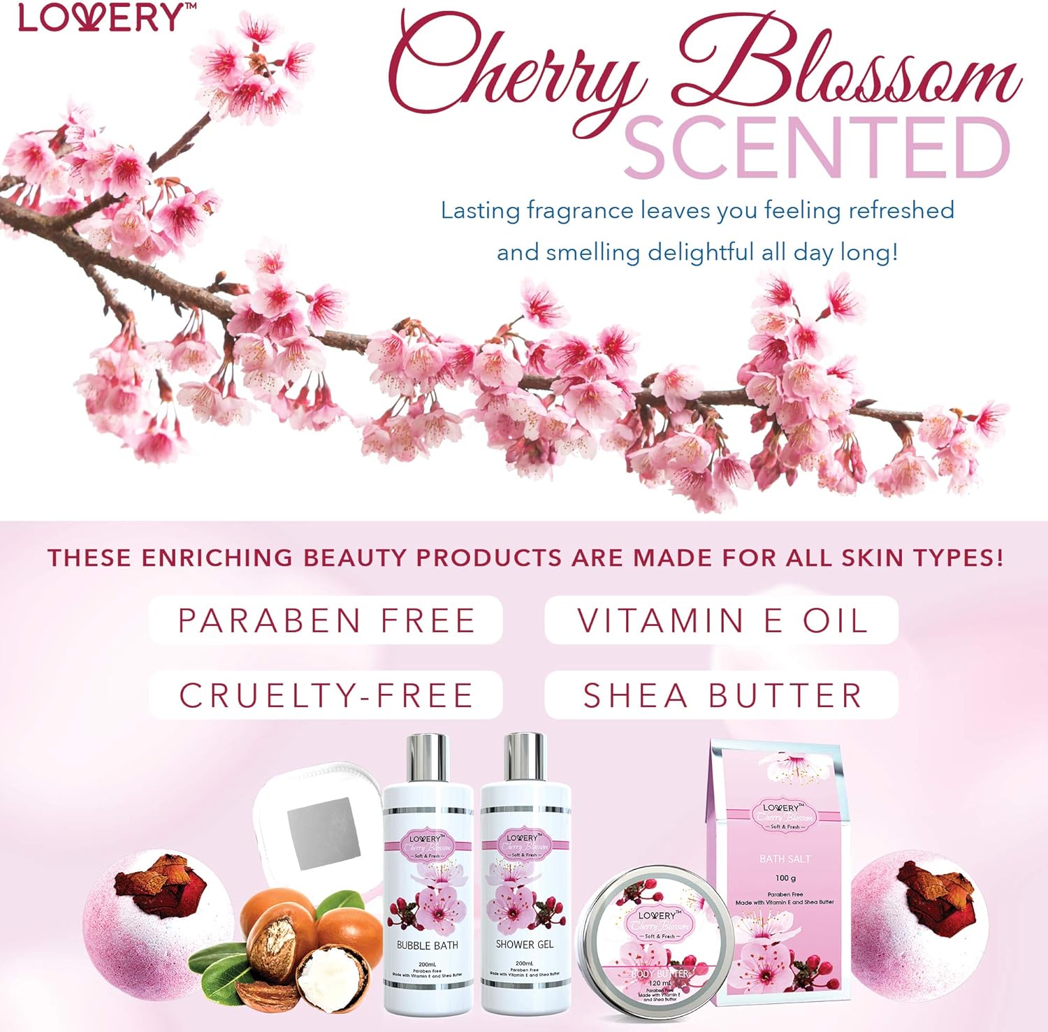 Bath and Body Spa Gift Basket Set for Women – Cherry Blossom Home Spa Set with Fragrant Lotions, 2 Extra Large Bath Bombs, Mirror and Silver Reusable Travel Cosmetics Bag and More: Health & Personal Care