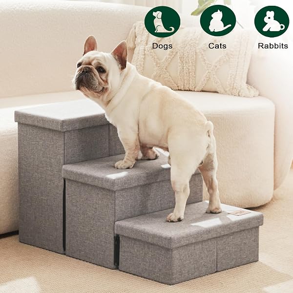 LOVE’S CABIN DOG STAIRS FOR HIGH BED 18″H,FOLDABLE PET STAIRS FOR SMALL MEDIUM OR LARGE DOGS PUPPY WITH STORAGE FOR BED OR COUCH, CAT DOG STEPS RAMP WITH ZIP UP TO 200 LBS(SOLID GREY,3 STEPS NO CONDO)