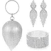 Saintrygo 3 Pcs Silver Clutch Purses for Women Evening Bag Rhinestone Jewelry Set Diamond Bling Earrings Elastic Bracelets Round Diamond Purse Rhinestone Bag for Wedding Disco Costume Party Gift