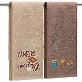 Mindsoft 2 Pack Camping Hand Towels for Bathroom 14 x 29 Inch Cotton Embroidered Farmhouse Camping Bathroom Decor Decorative Campfire Cocoa Camper Gift for Drying, Home and Hotel Decor