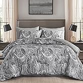 DJY Grey Paisley Comforter Set Queen, 7 Piece Boho Paisley Dark Gray Bed in a Bag Comforter Set, Soft Microfiber Complete Bedding Set for All Season (90''x90)