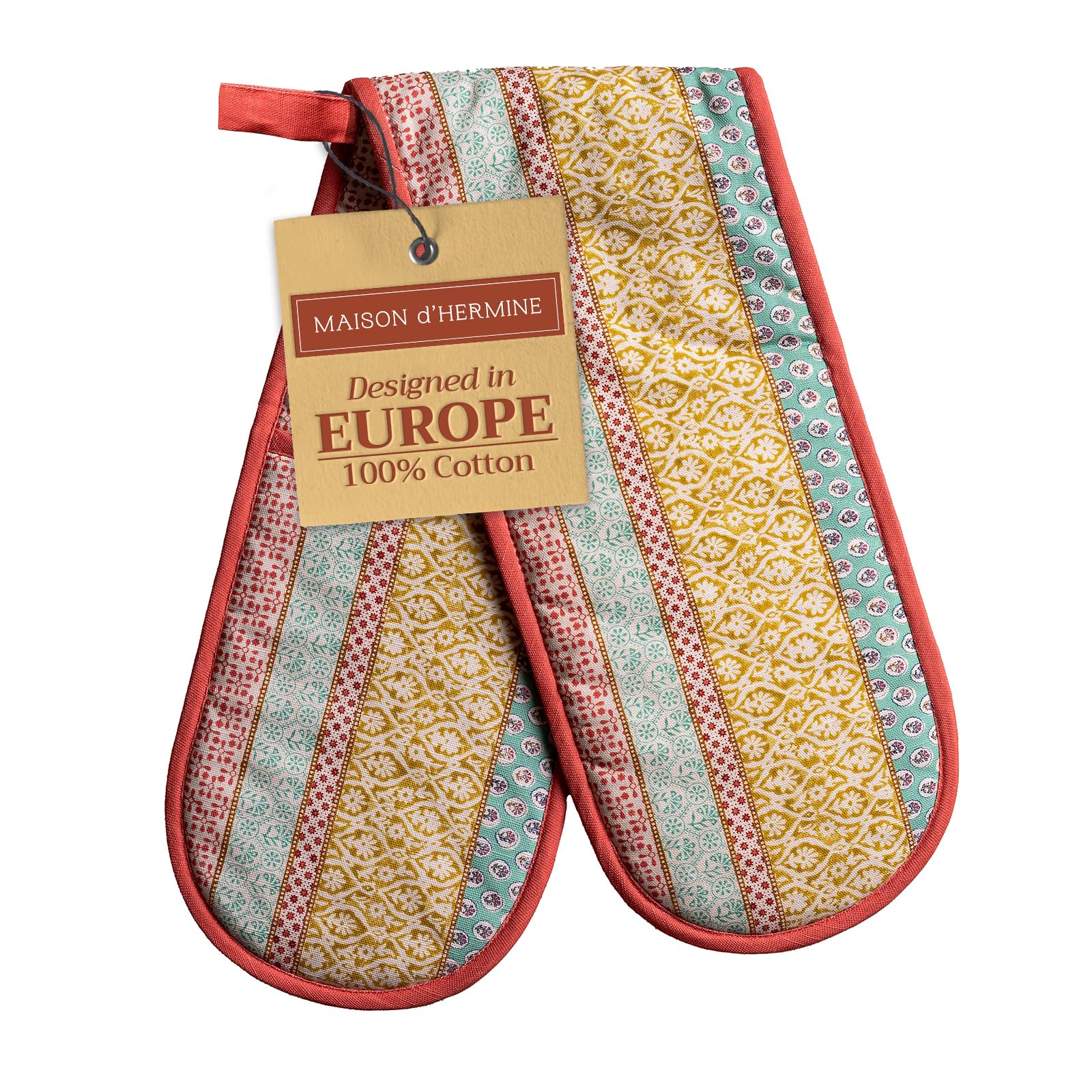 Maison d' Hermine Double Oven Mitts 100% Cotton 18 cm x 89 cm Double Oven Mitt Heat Resistant BBQ Cooking Gloves with Loop Baking Grilling Handling Hot Pans Easter Decorations (Provence)