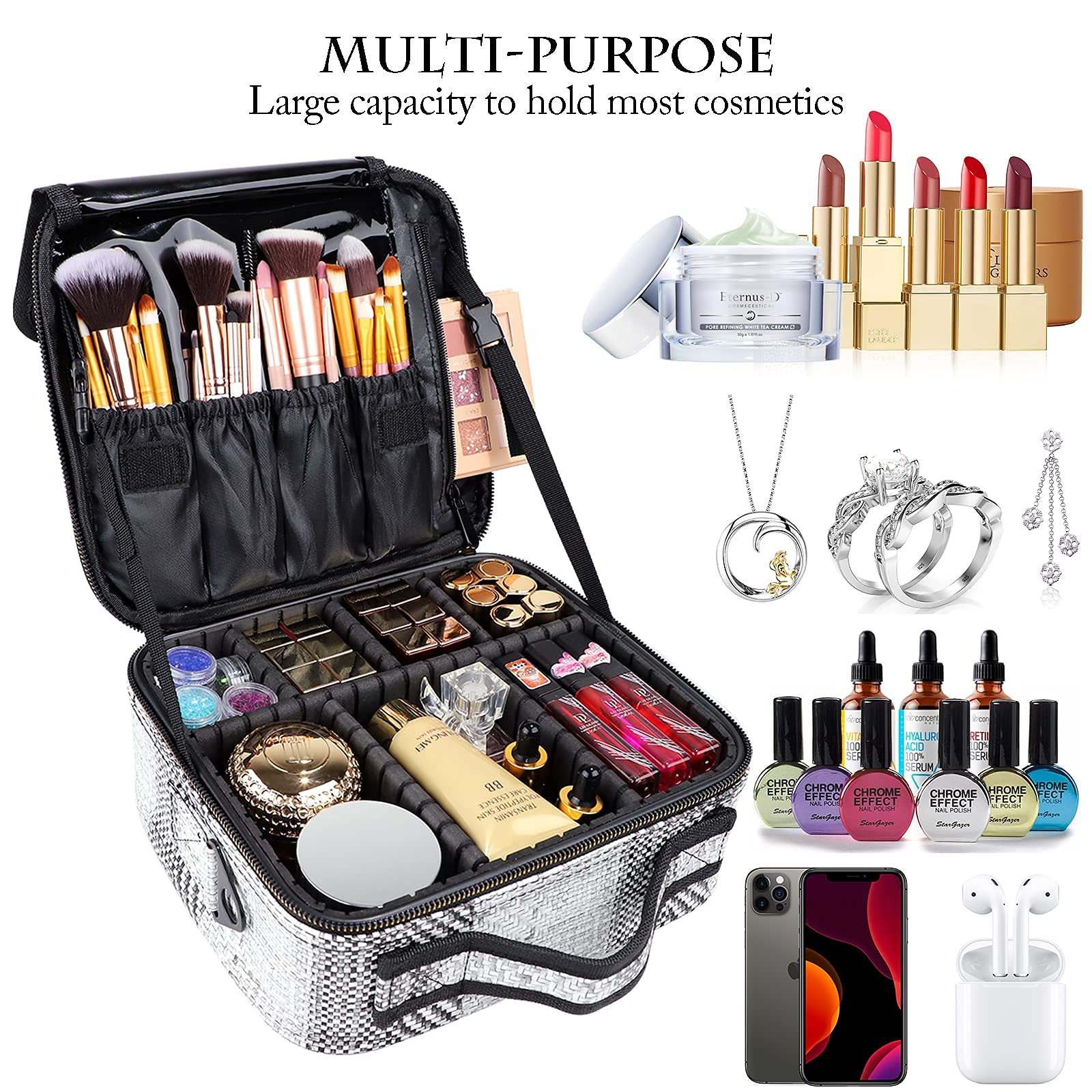 OEWOER Makeup Bag 2 Layers Cosmetic Organizer Case Portable Artist Travel Make up Storage Box with Shoulder Strap and Adjustable Dividers for Cosmetics Makeup Brushes Toiletry Accessories (Small)