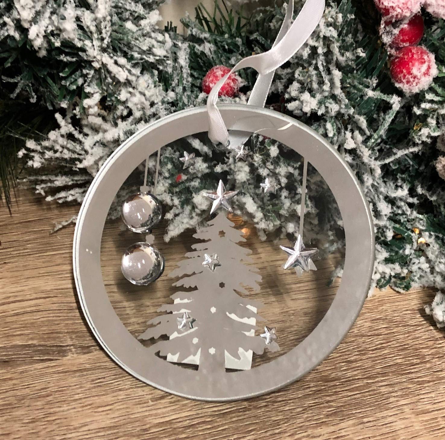 Mezzaluna Gifts Mirrored Glass Hanging Christmas Tree Scene Wall or Tree Decoration with raised embellishments