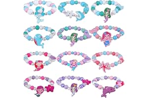 JOTIKO Mermaid Bracelets Girls Party Favors - 12 Pack Little Girls Play Jewelry Gifts for Kids Toddlers Age 4-8, Cute Ocean Beaded Princess Friendship Bracelets Birthday Goodie Bag Stuffers Classroom Prizes