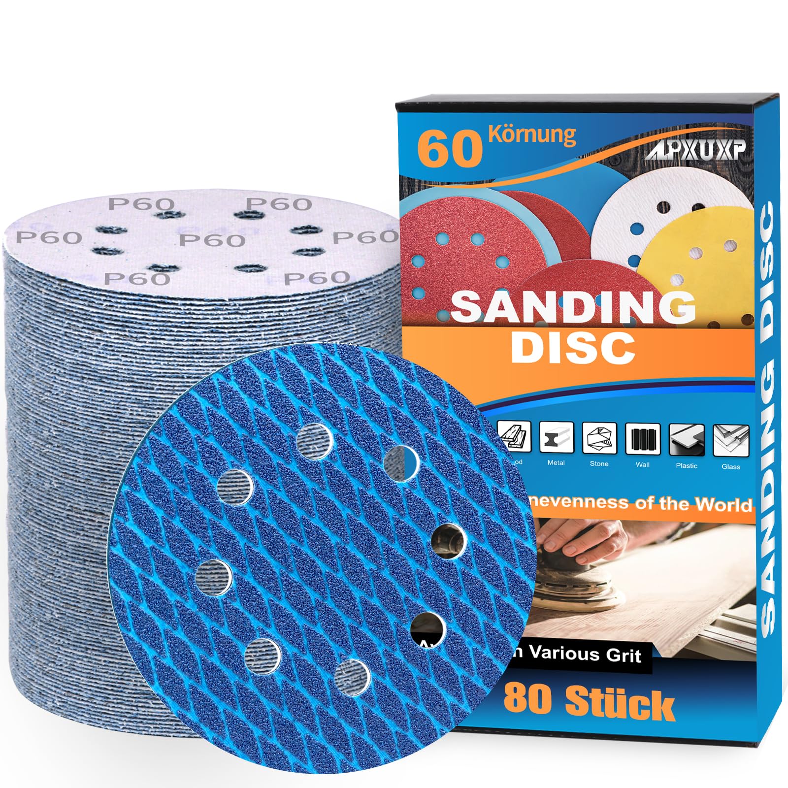 ALPXUXP 125mm Diamond Sanding Discs 60 Grit 8-Holes Hook and Loop Sanding Pads for Random Orbital Sander Sandpaper Sheet（80Pcs）